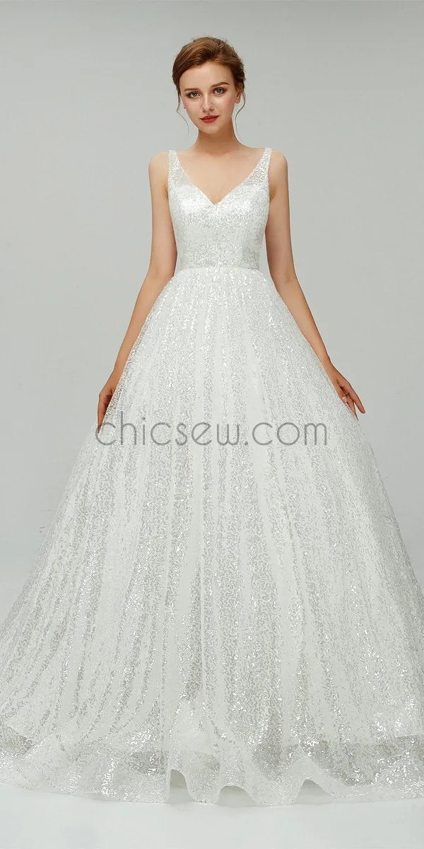 A-line Sparkly V Neck Sequin A Line Backless Long Wedding Dresses XDM1101
