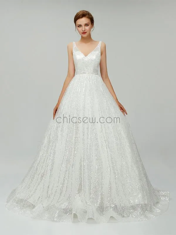 A-line Sparkly V Neck Sequin A Line Backless Long Wedding Dresses XDM1101