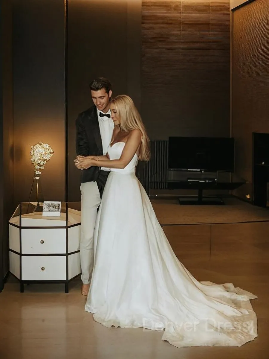 A-Line Sweetheart Sweep Train Organza Wedding Dresses