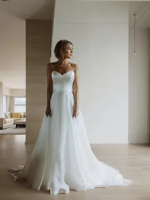 A-Line Sweetheart Sweep Train Organza Wedding Dresses