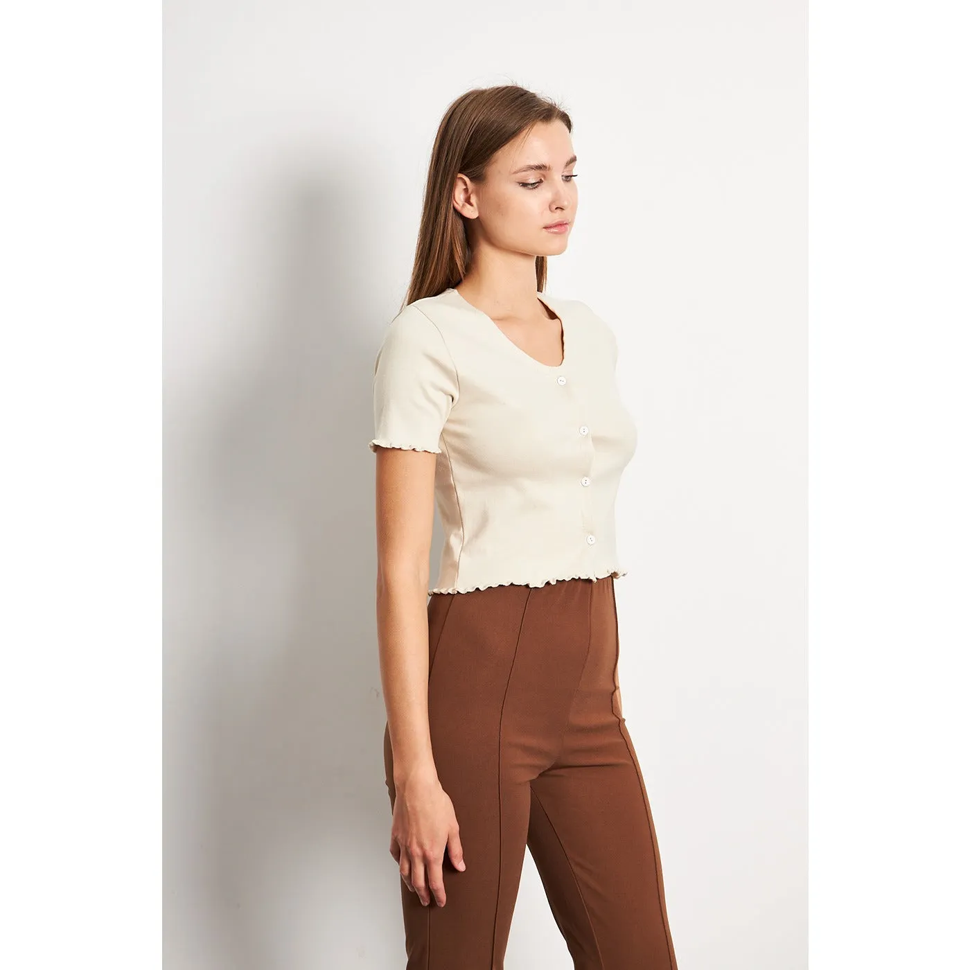 Beige Button Down Crop Top