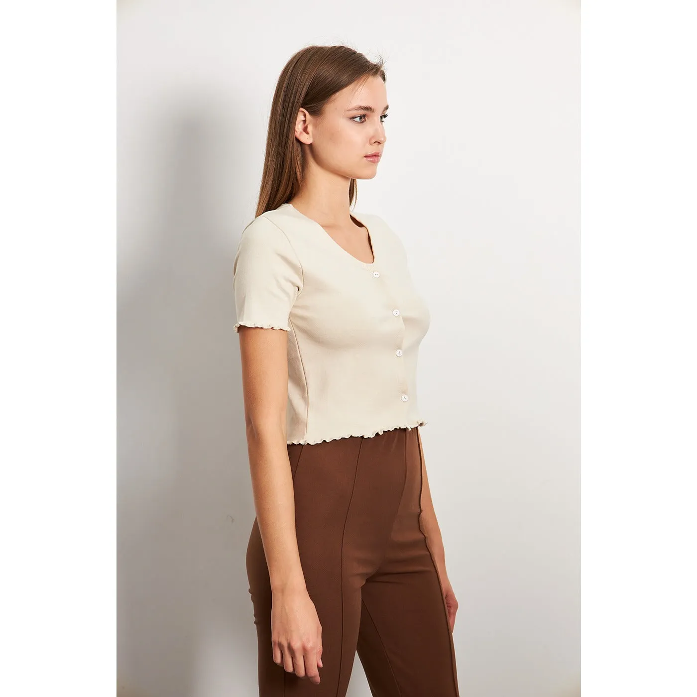 Beige Button Down Crop Top