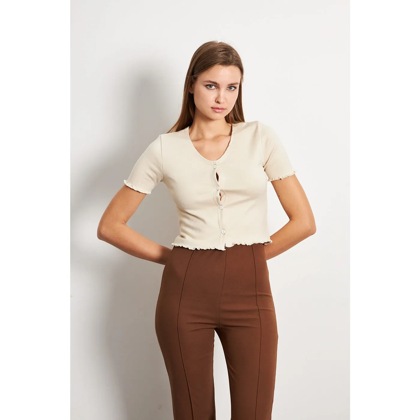 Beige Button Down Crop Top