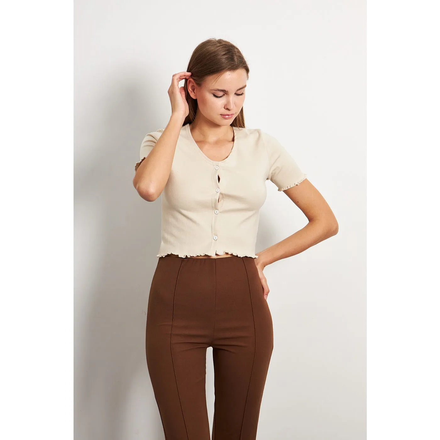 Beige Button Down Crop Top