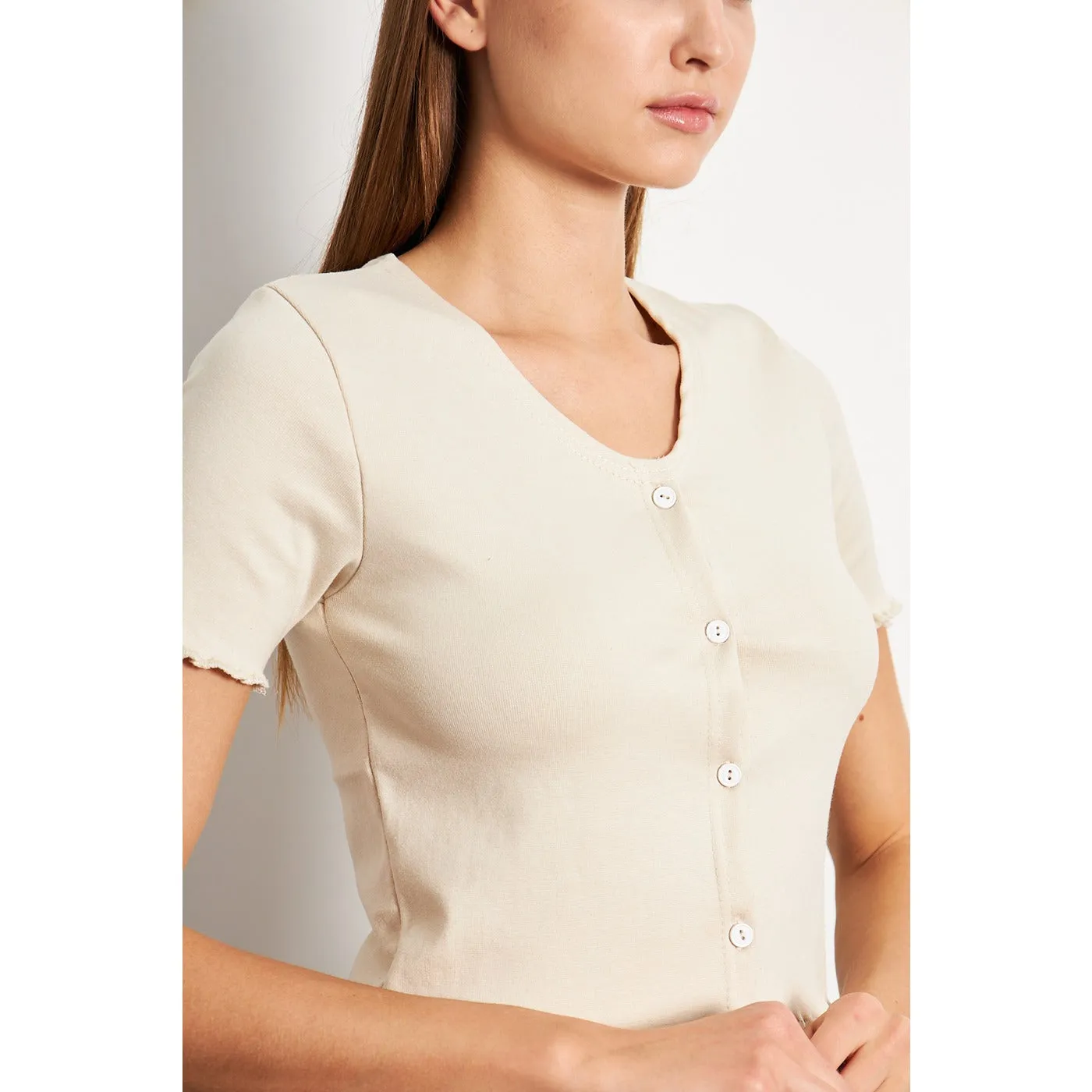 Beige Button Down Crop Top