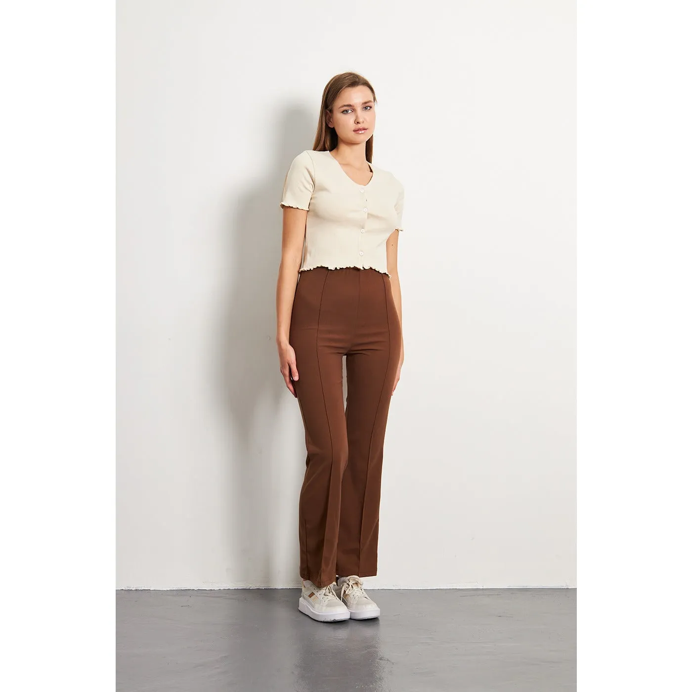 Beige Button Down Crop Top