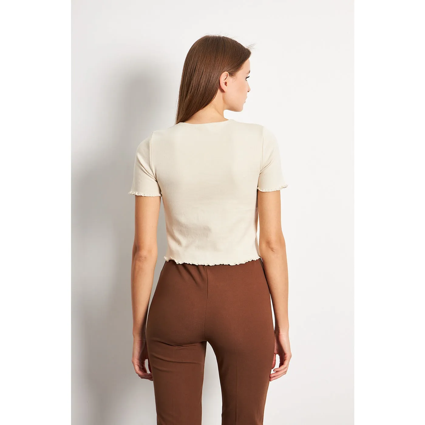 Beige Button Down Crop Top