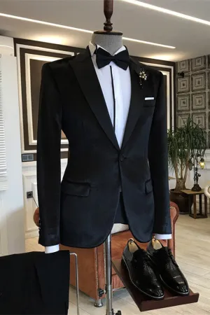 Black Peaked Lapel Velvet Prom Suits with Bow One Buttom Wedding Suits