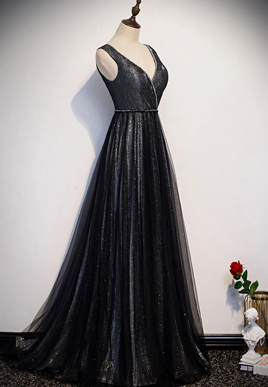 Black V-Neck Tulle Long Prom Dresses A-Line Evening Dresses