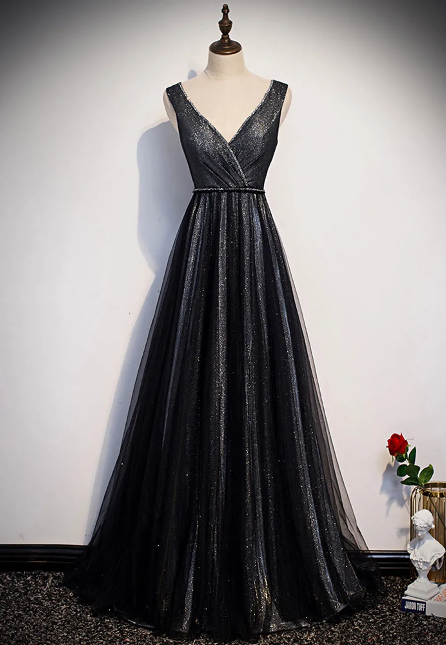 Black V-Neck Tulle Long Prom Dresses A-Line Evening Dresses