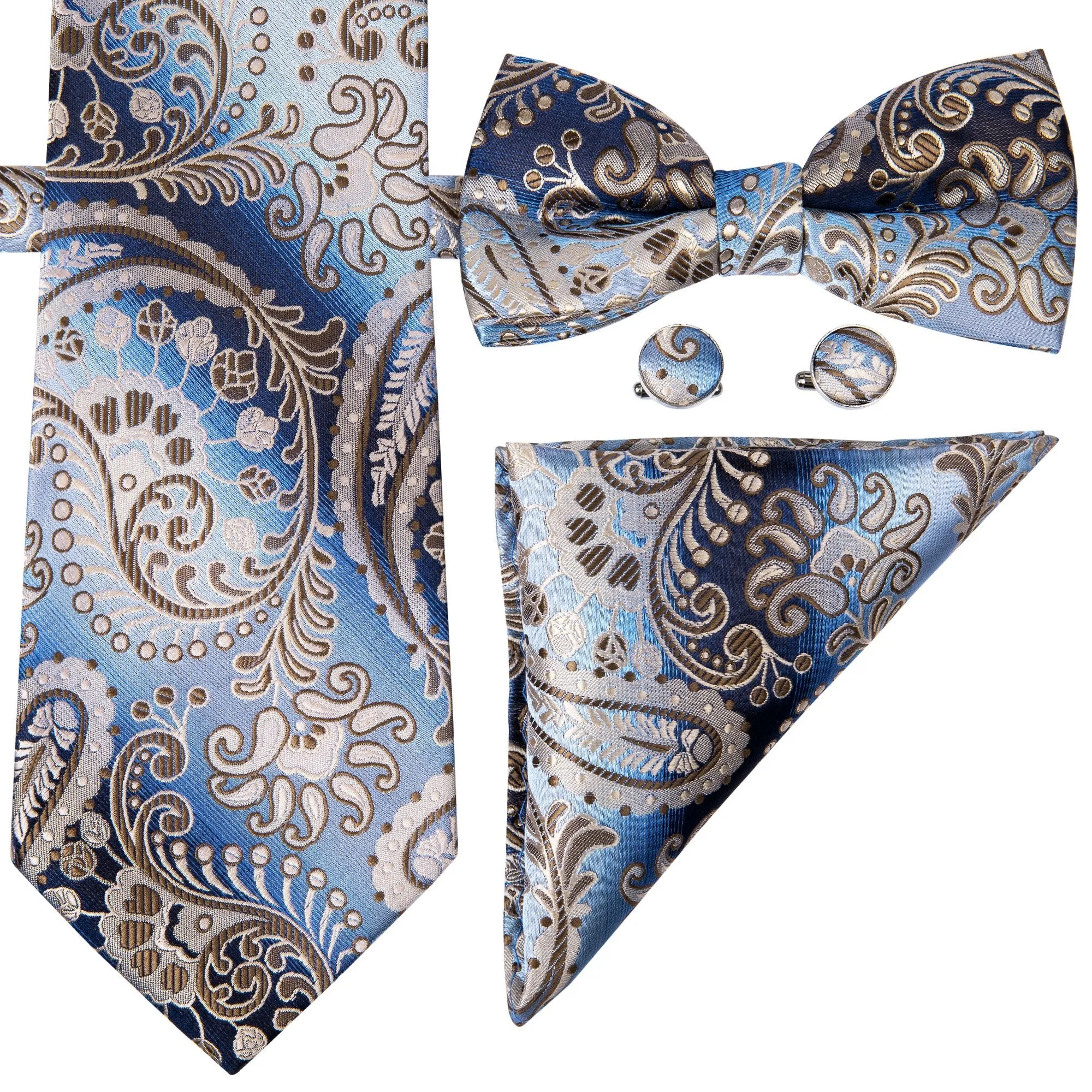 Blue Brown Paisley Bowtie Necktie Hanky Cufflinks Set