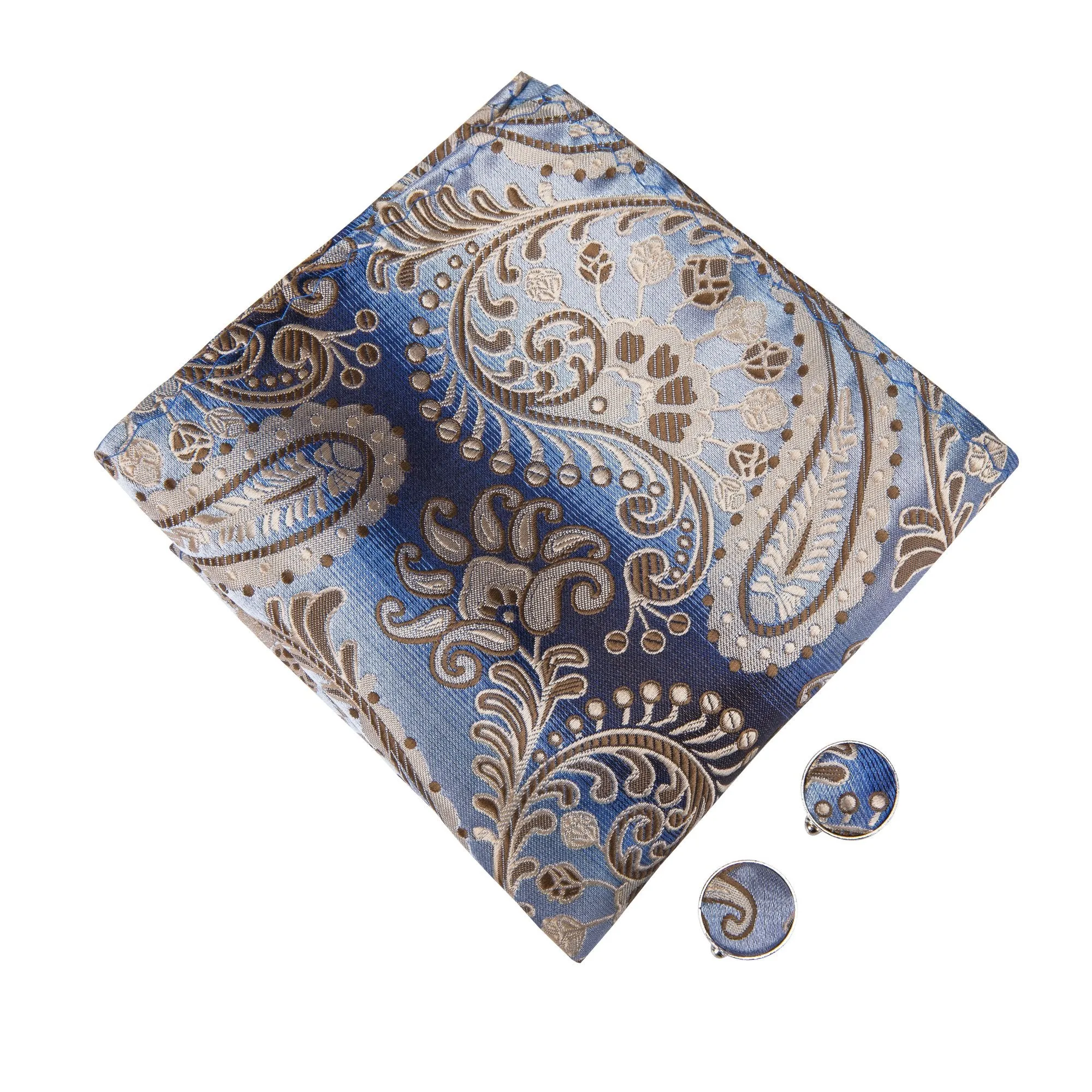 Blue Brown Paisley Bowtie Necktie Hanky Cufflinks Set