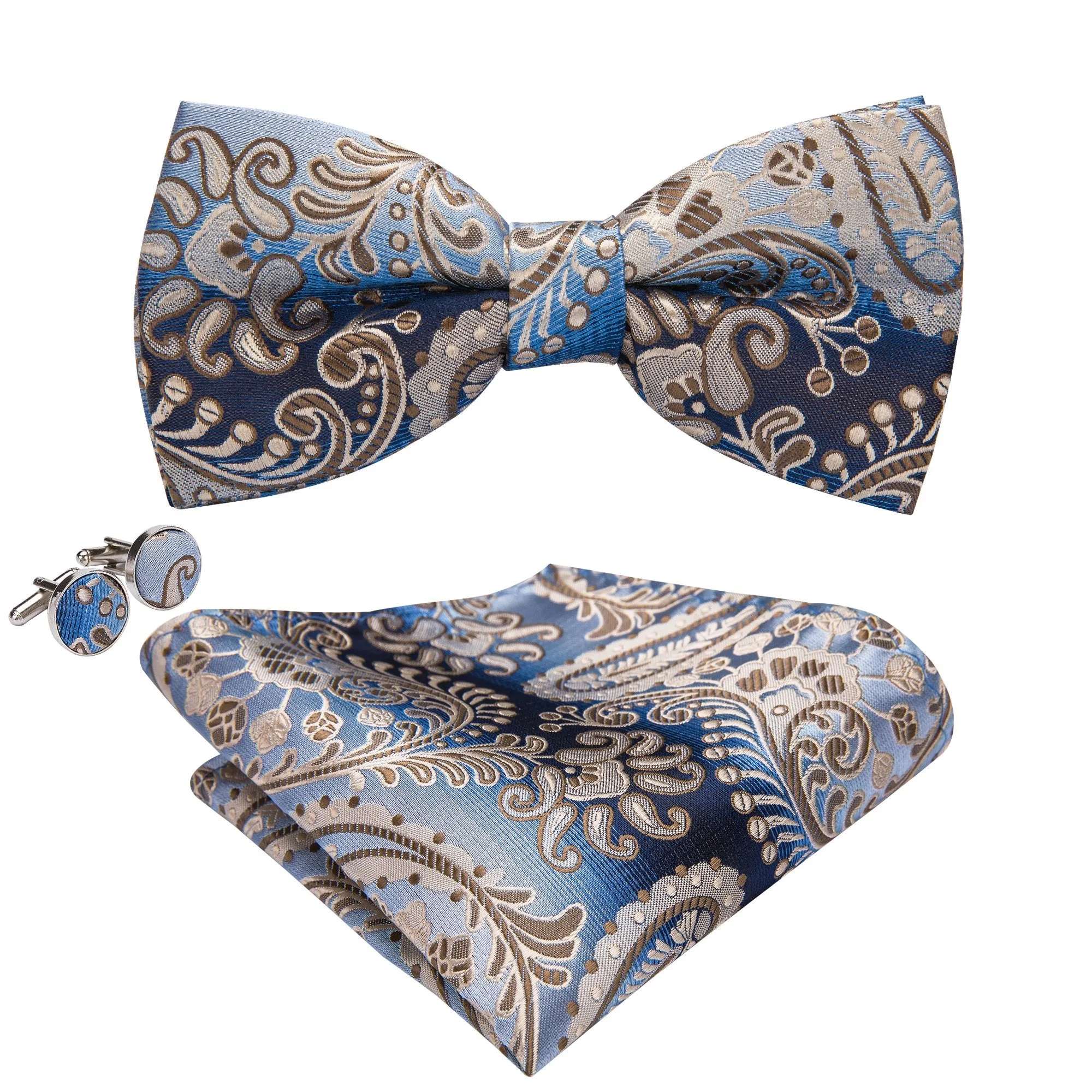 Blue Brown Paisley Bowtie Necktie Hanky Cufflinks Set