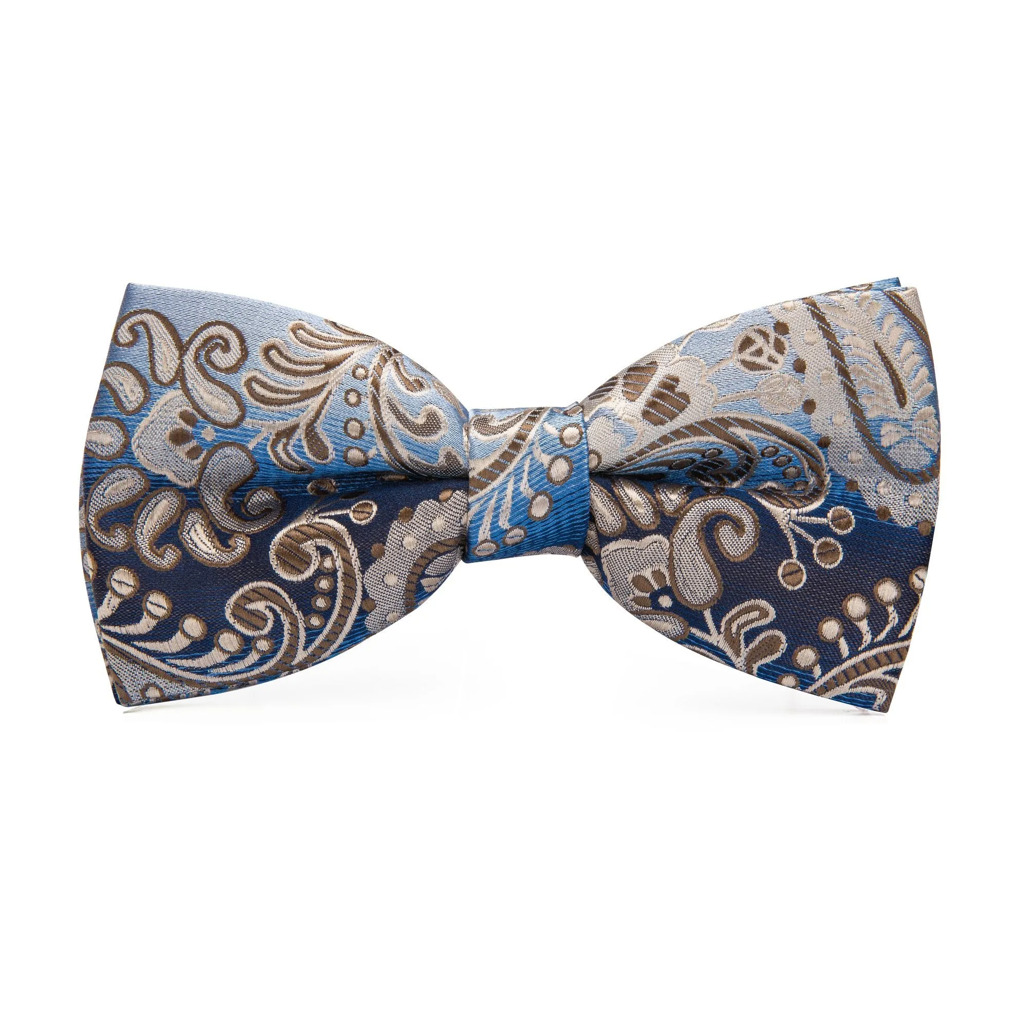 Blue Brown Paisley Bowtie Necktie Hanky Cufflinks Set