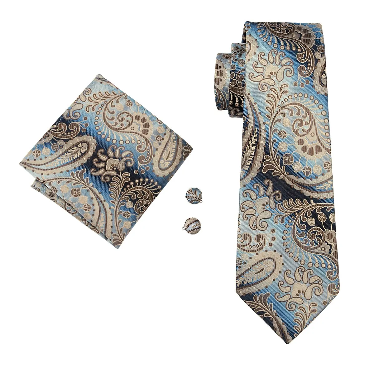 Blue Brown Paisley Bowtie Necktie Hanky Cufflinks Set