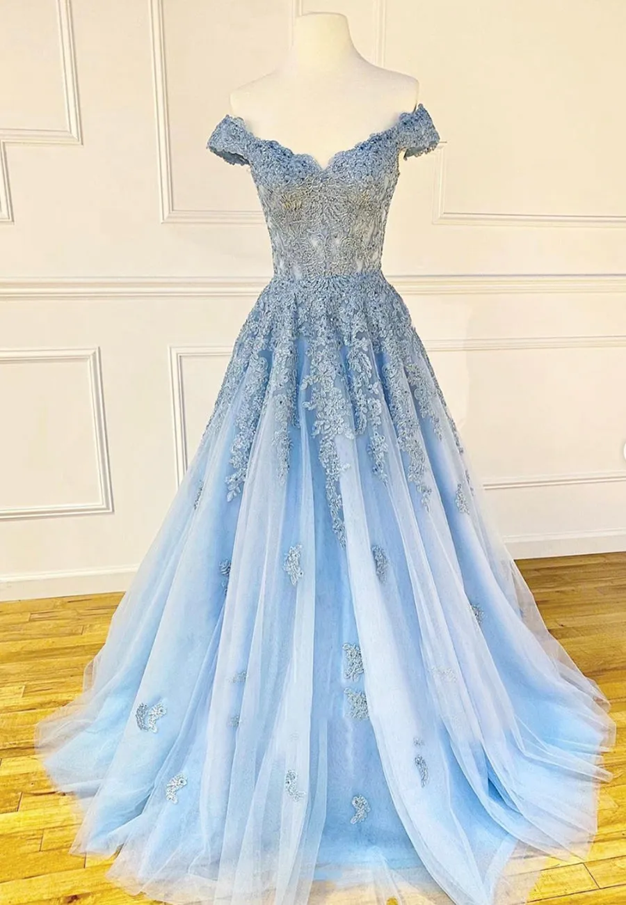Blue Lace Off the Shoulder Prom Dresses A-Line Evening Dresses