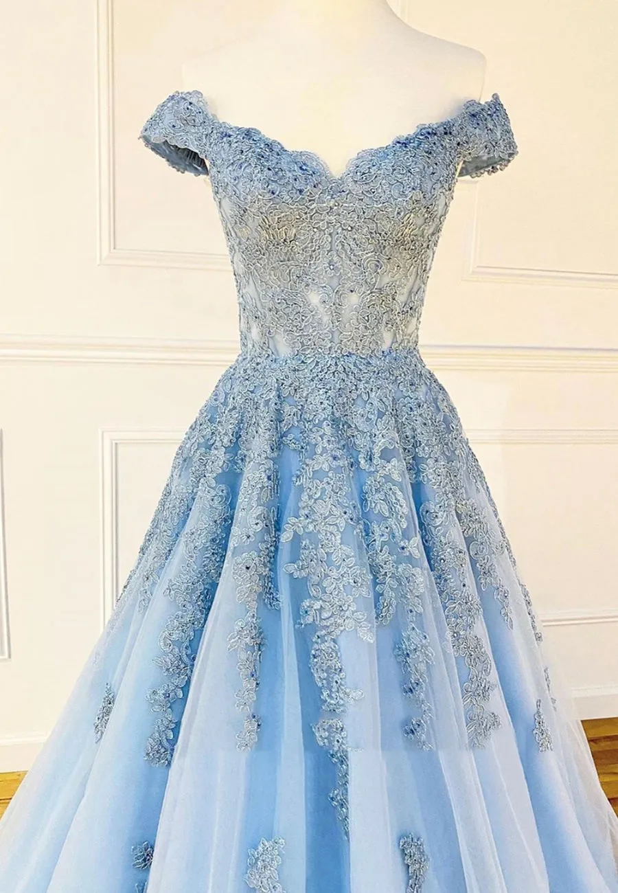 Blue Lace Off the Shoulder Prom Dresses A-Line Evening Dresses
