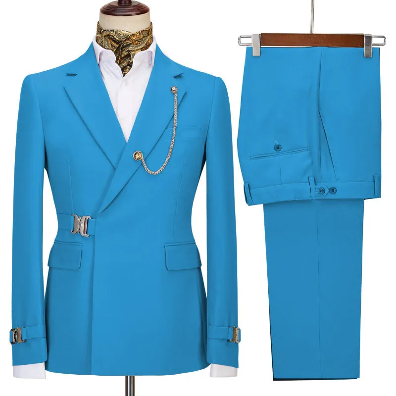 Blue Notched Lapel Tuxedo 2 Pieces With Metal Side Release Buckle Prom Suits