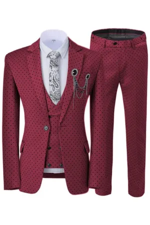 Burgundy Notched Lapel Slim Fit Three Pieces Prom Suits With Black Dot
