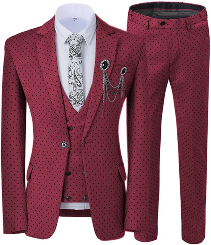 Burgundy Notched Lapel Slim Fit Three Pieces Prom Suits With Black Dot