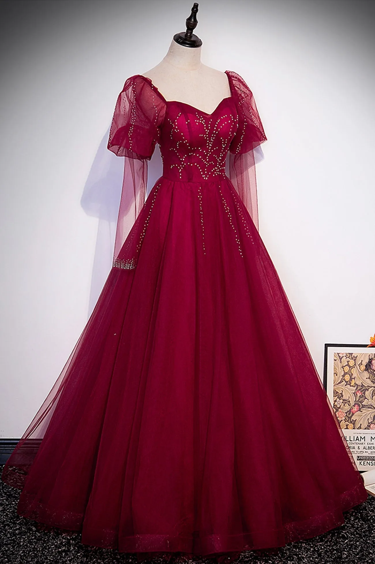 Burgundy Tulle Beading Long Prom Dresses A-Line Formal Evening Dresses