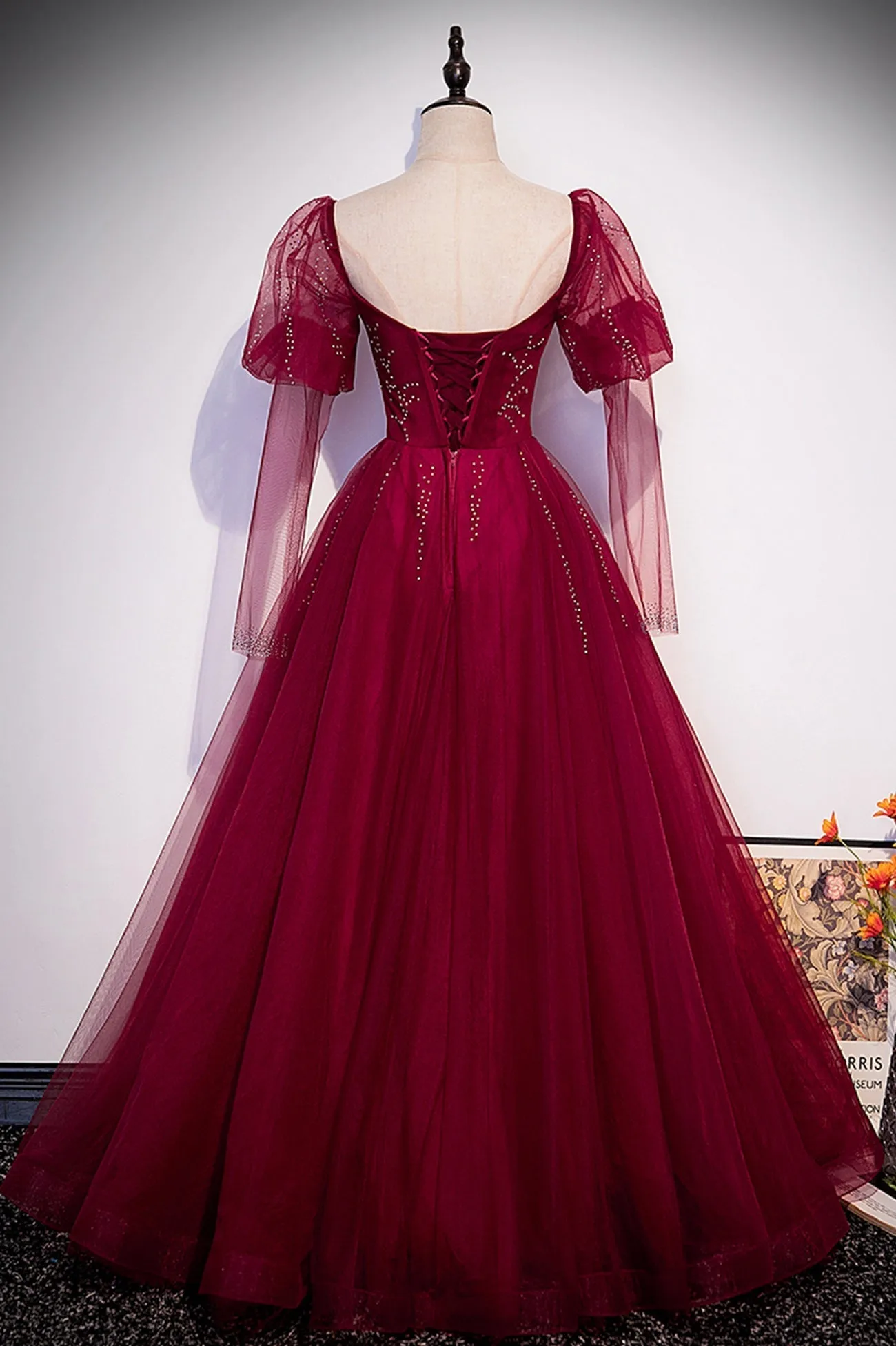 Burgundy Tulle Beading Long Prom Dresses A-Line Formal Evening Dresses