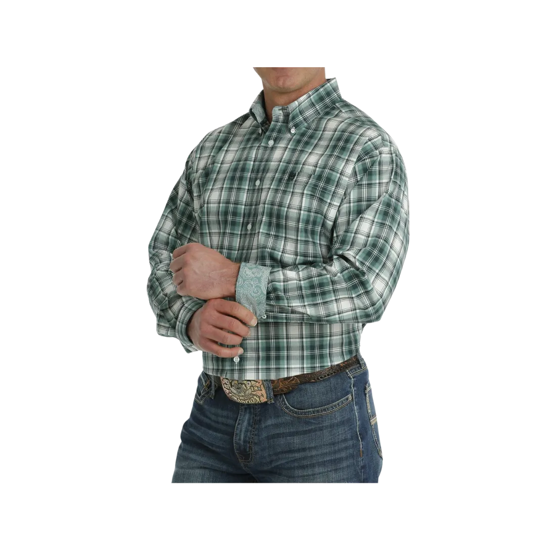Cinch Men's Plaid Long Sleeve Button Down Western Turquoise White Shirt