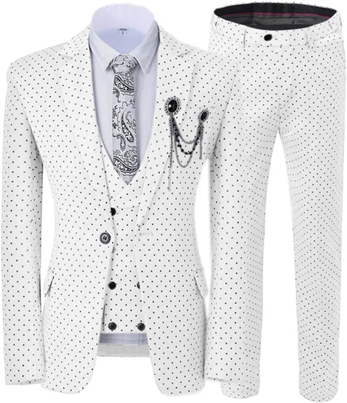 Cutom Made White Notched Lapel Three Pieces Prom Suits Black Dot Slim Fit Tuxedos