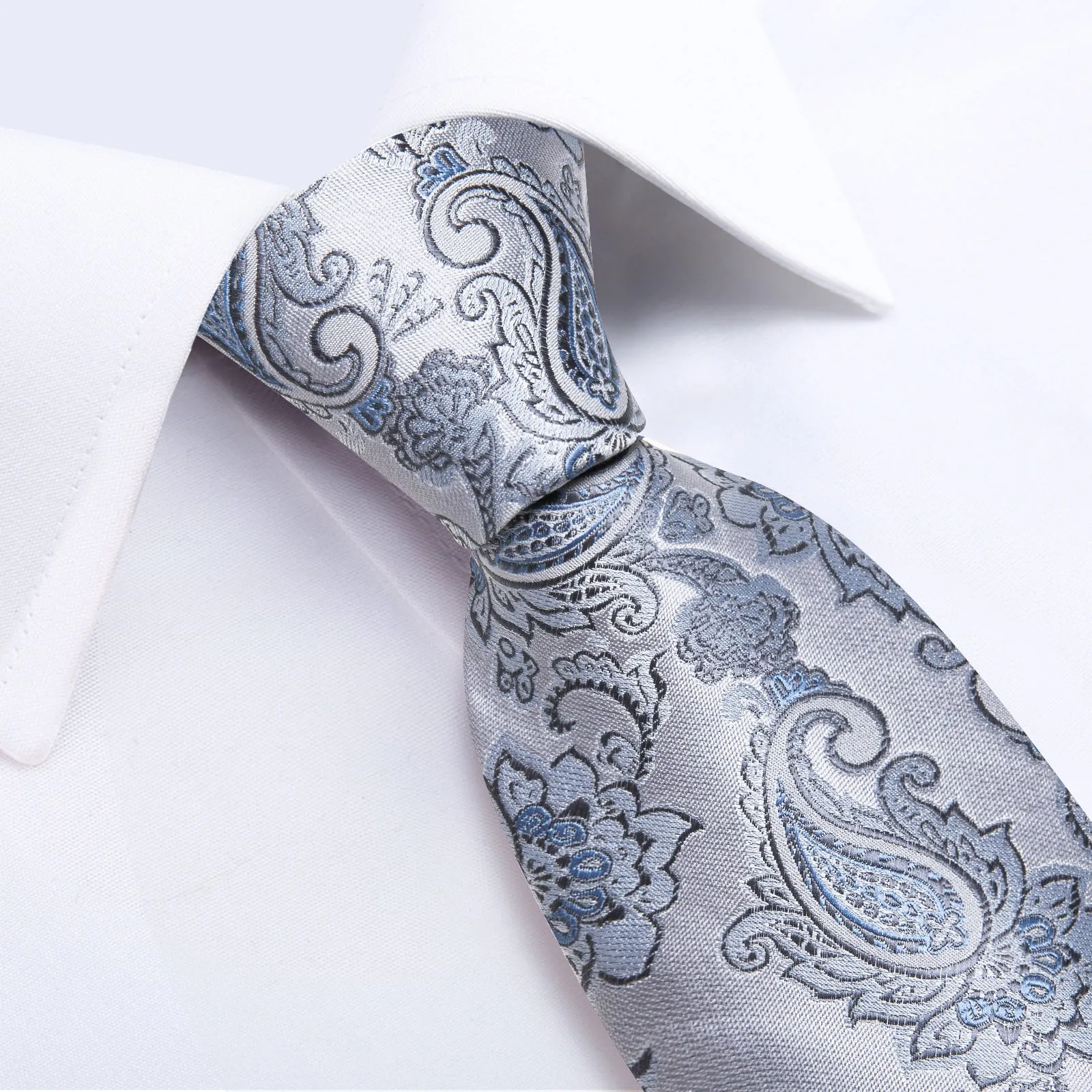 DiBanGu Silk Tie Silver Grey Blue Paisley Men's Tie Set Classic Hot