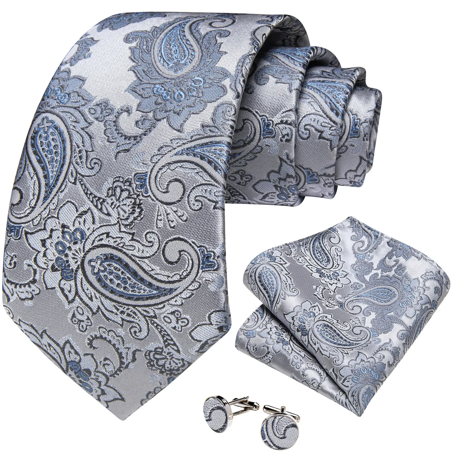 DiBanGu Silk Tie Silver Grey Blue Paisley Men's Tie Set Classic Hot
