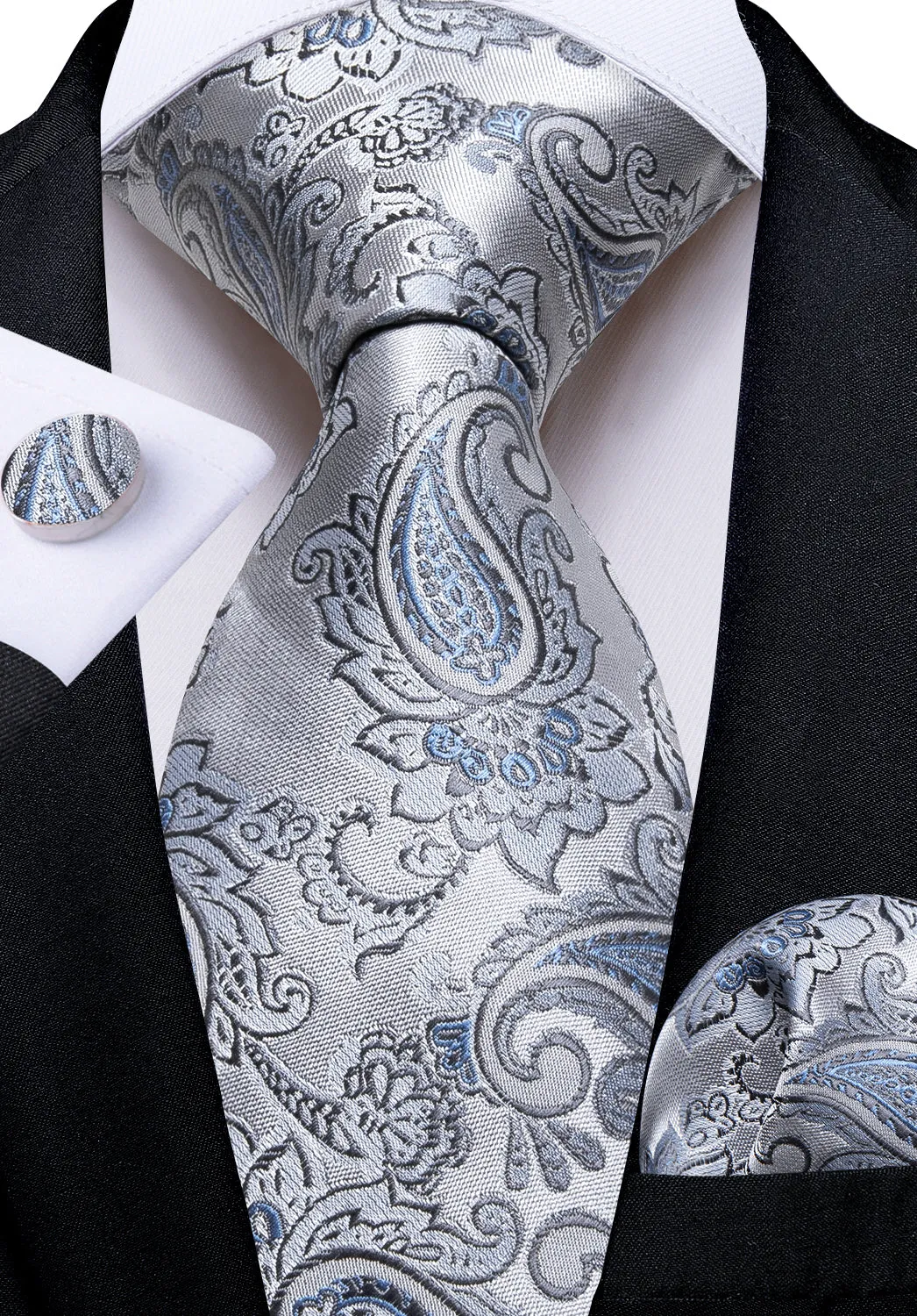 DiBanGu Silk Tie Silver Grey Blue Paisley Men's Tie Set Classic Hot
