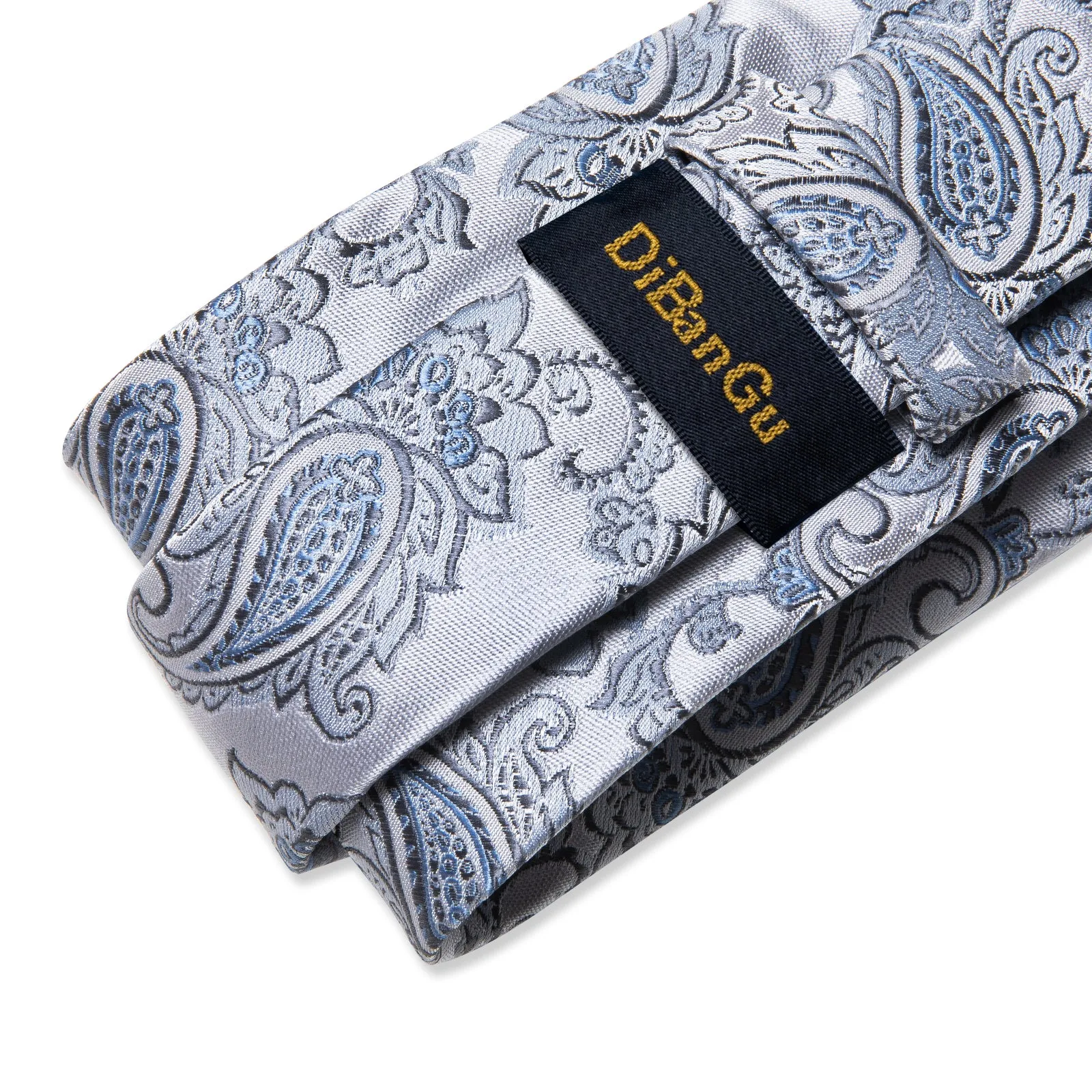 DiBanGu Silk Tie Silver Grey Blue Paisley Men's Tie Set Classic Hot