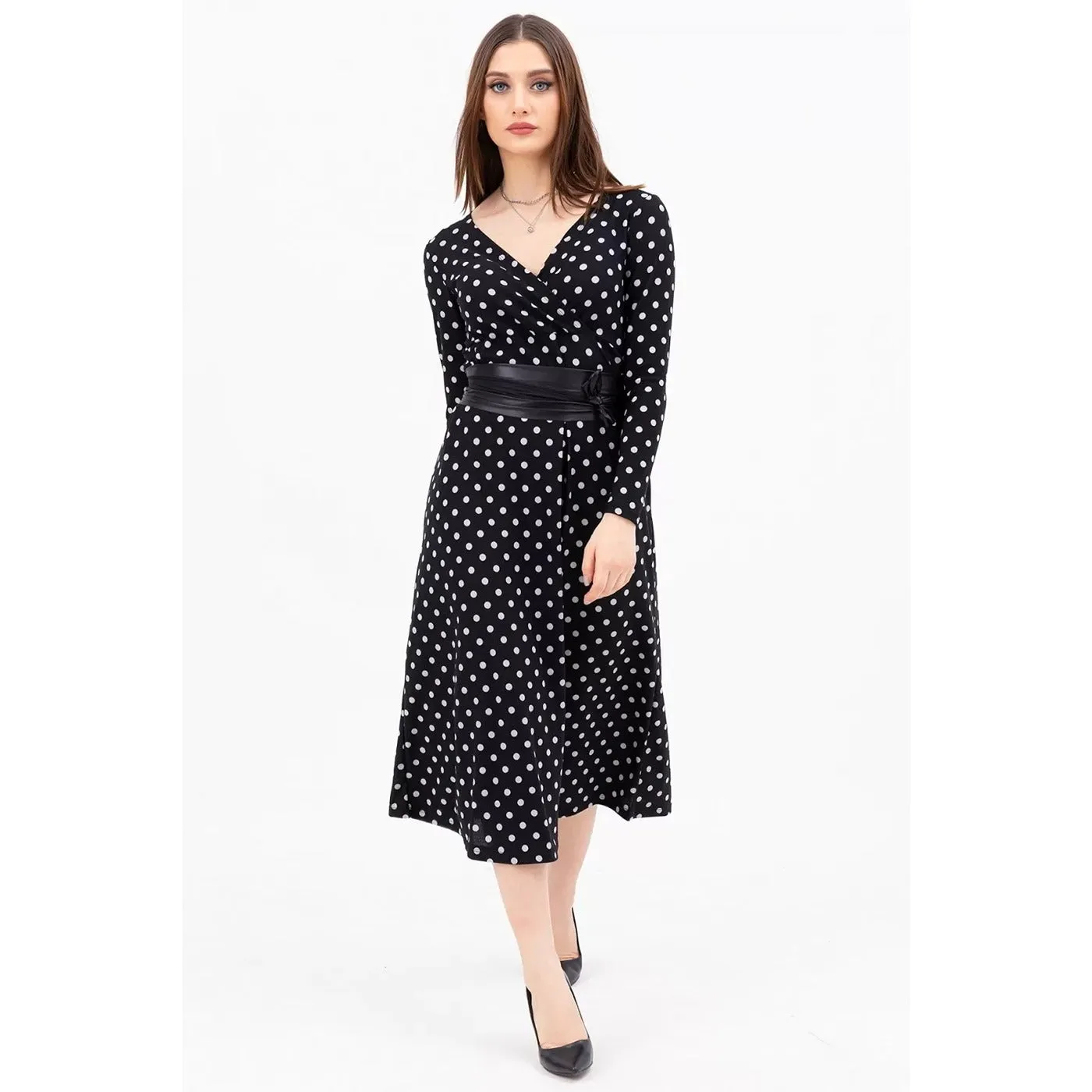 Dotted Double Breasted Collar Dress