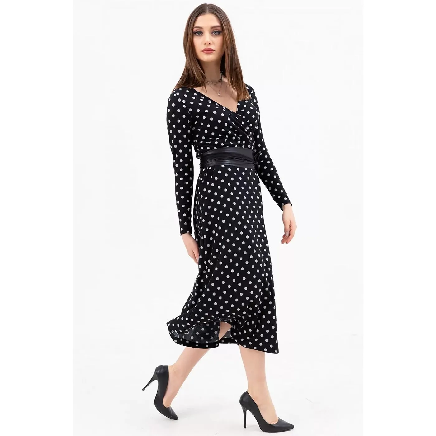 Dotted Double Breasted Collar Dress