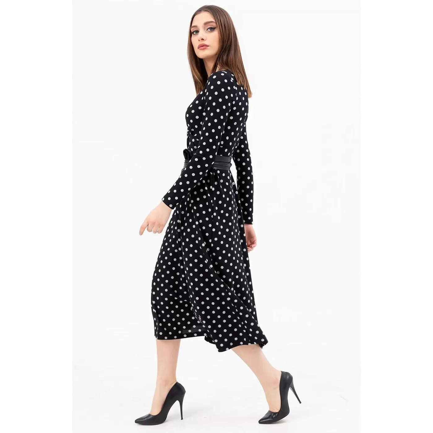 Dotted Double Breasted Collar Dress