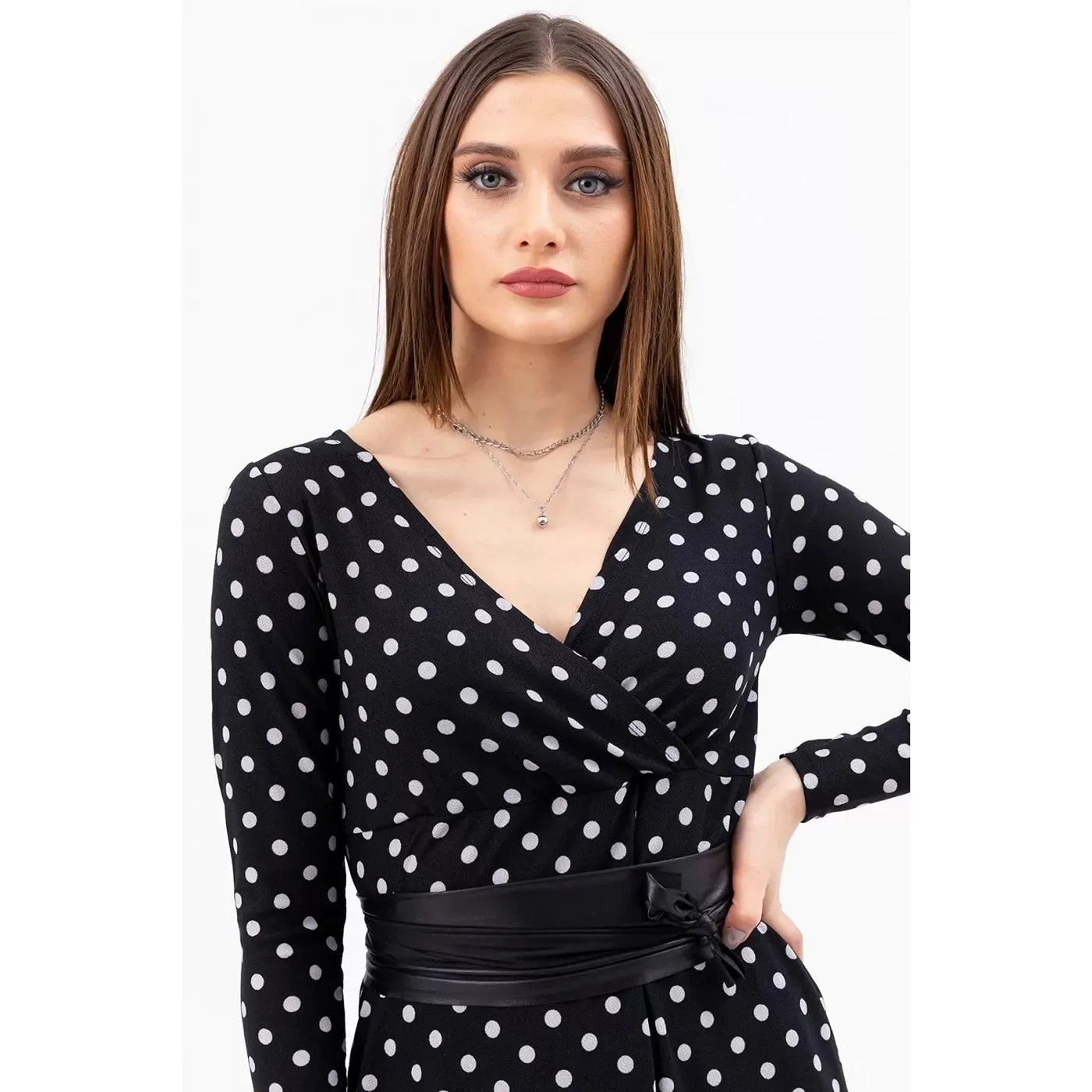 Dotted Double Breasted Collar Dress