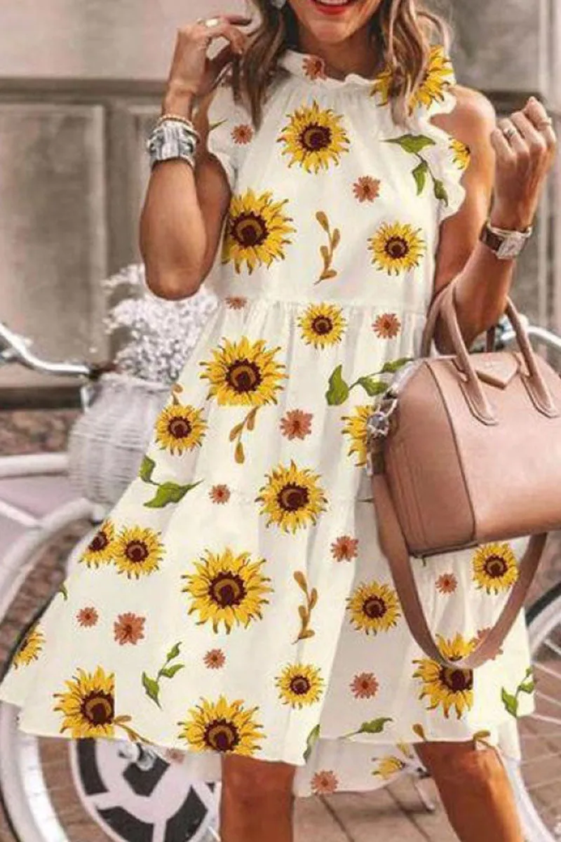 Fashion Street Print Patchwork O Neck A Line Dresses