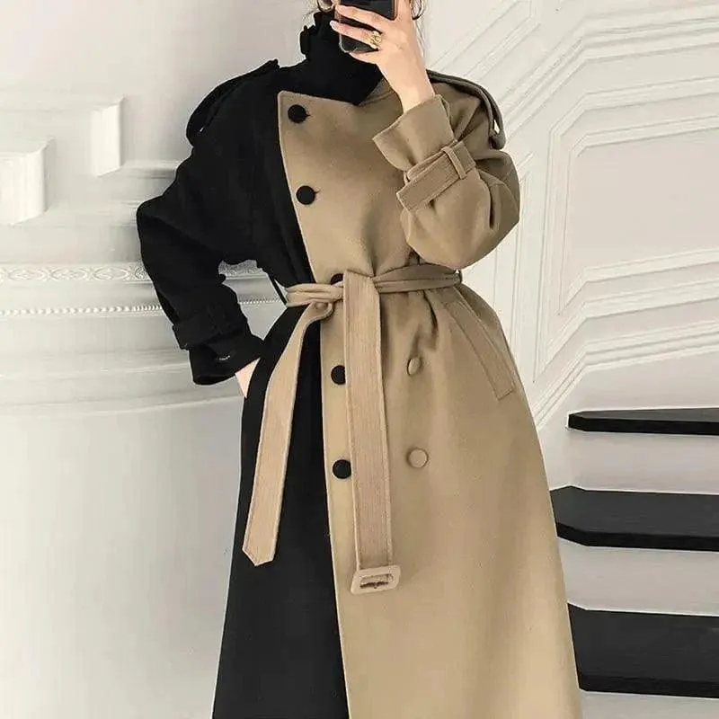 High-Neck Contrast Double-Breasted Coat