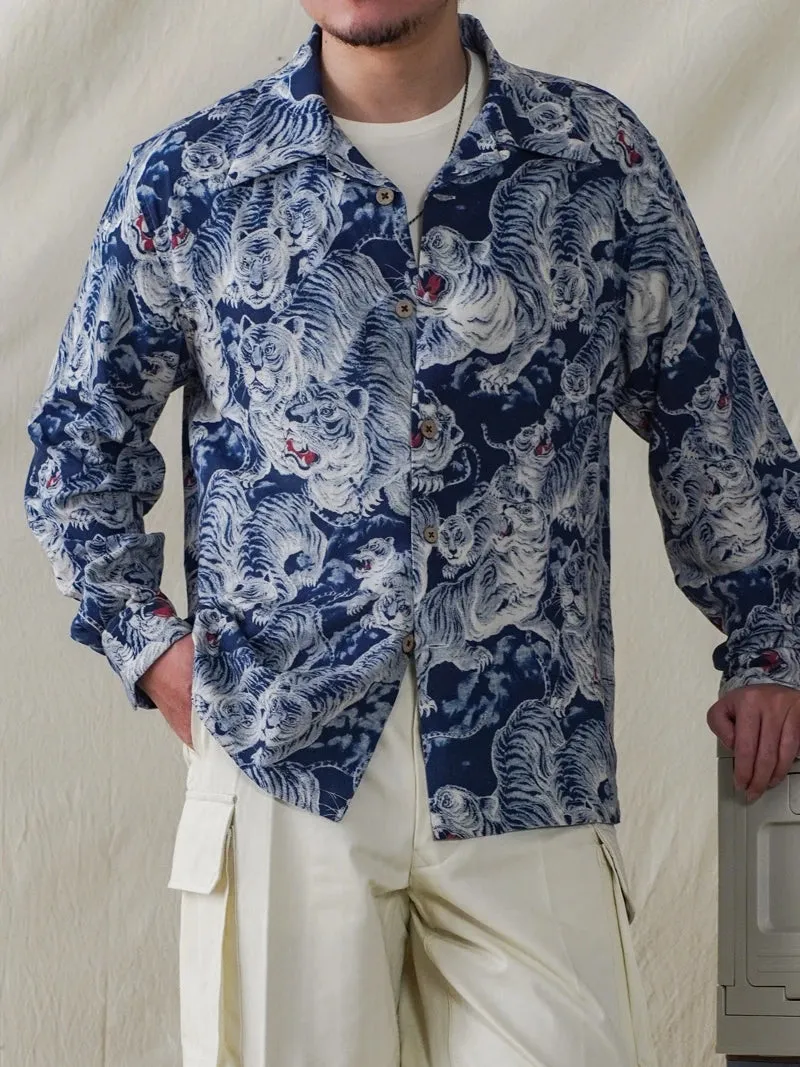Men's Tiger Pattern Hawaiian Shirt - Long Sleeves, Japanese Style