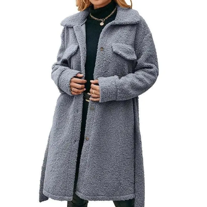 Mid Length Lapel Belted Single Breasted Plush Trench Coat
