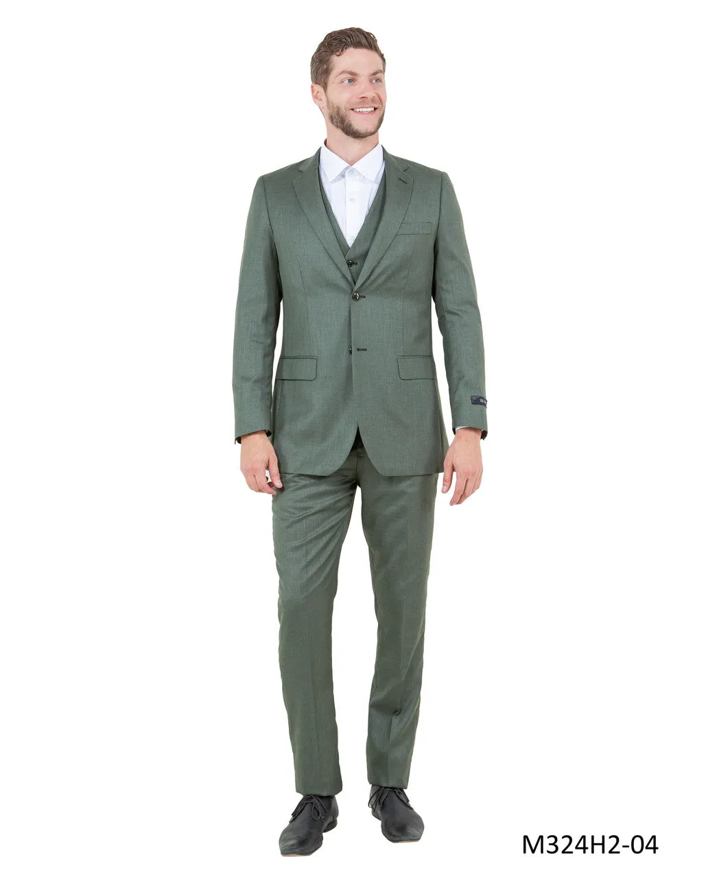 New Olive Green Slim Fit 3 Piece Sharkskin Suit by Tazio