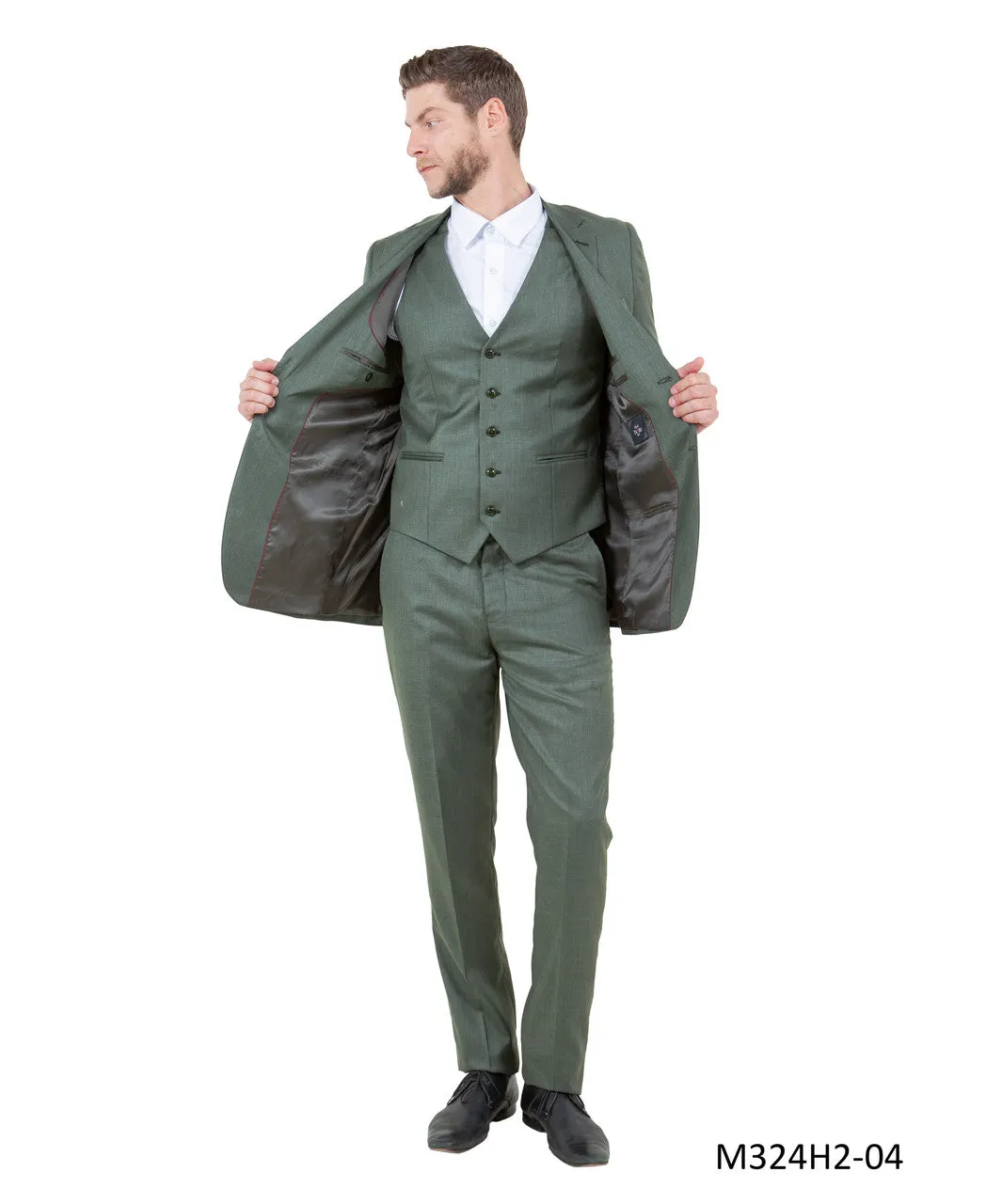 New Olive Green Slim Fit 3 Piece Sharkskin Suit by Tazio