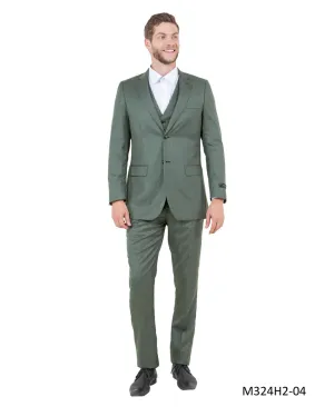 New Olive Green Slim Fit 3 Piece Sharkskin Suit by Tazio