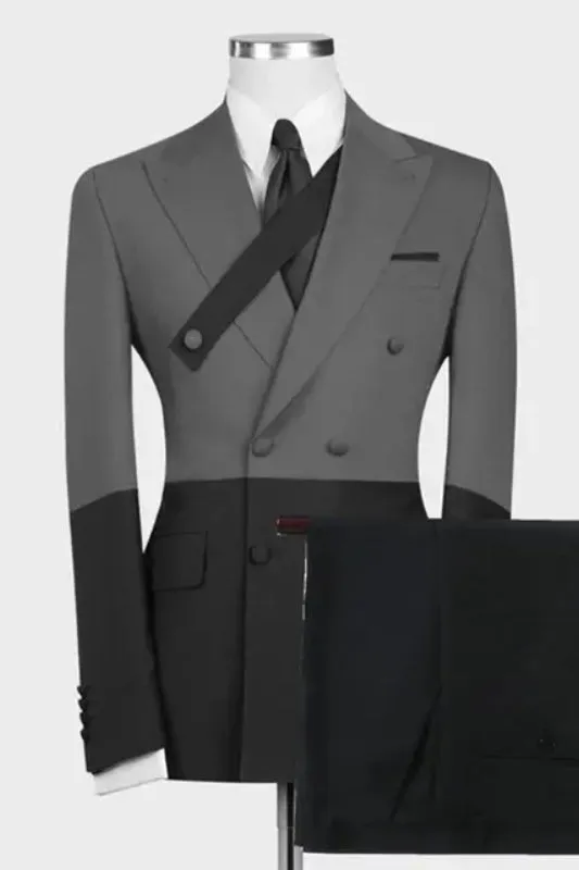 Peaked Lapel Double Breasted Glamorous Prom Suits Gray And Black