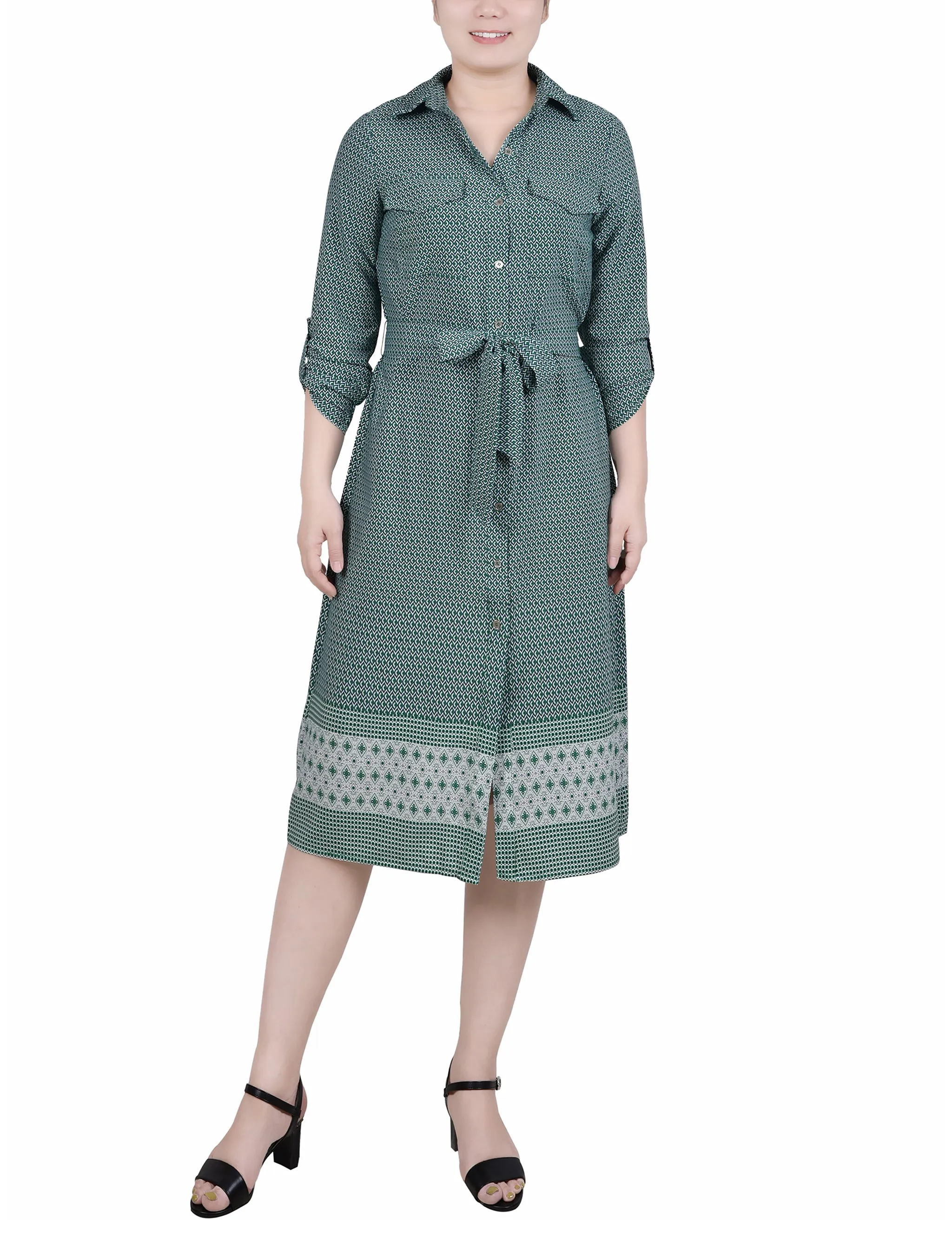 Petite 3/4 Roll Tab Sleeve Belted Shirtdress
