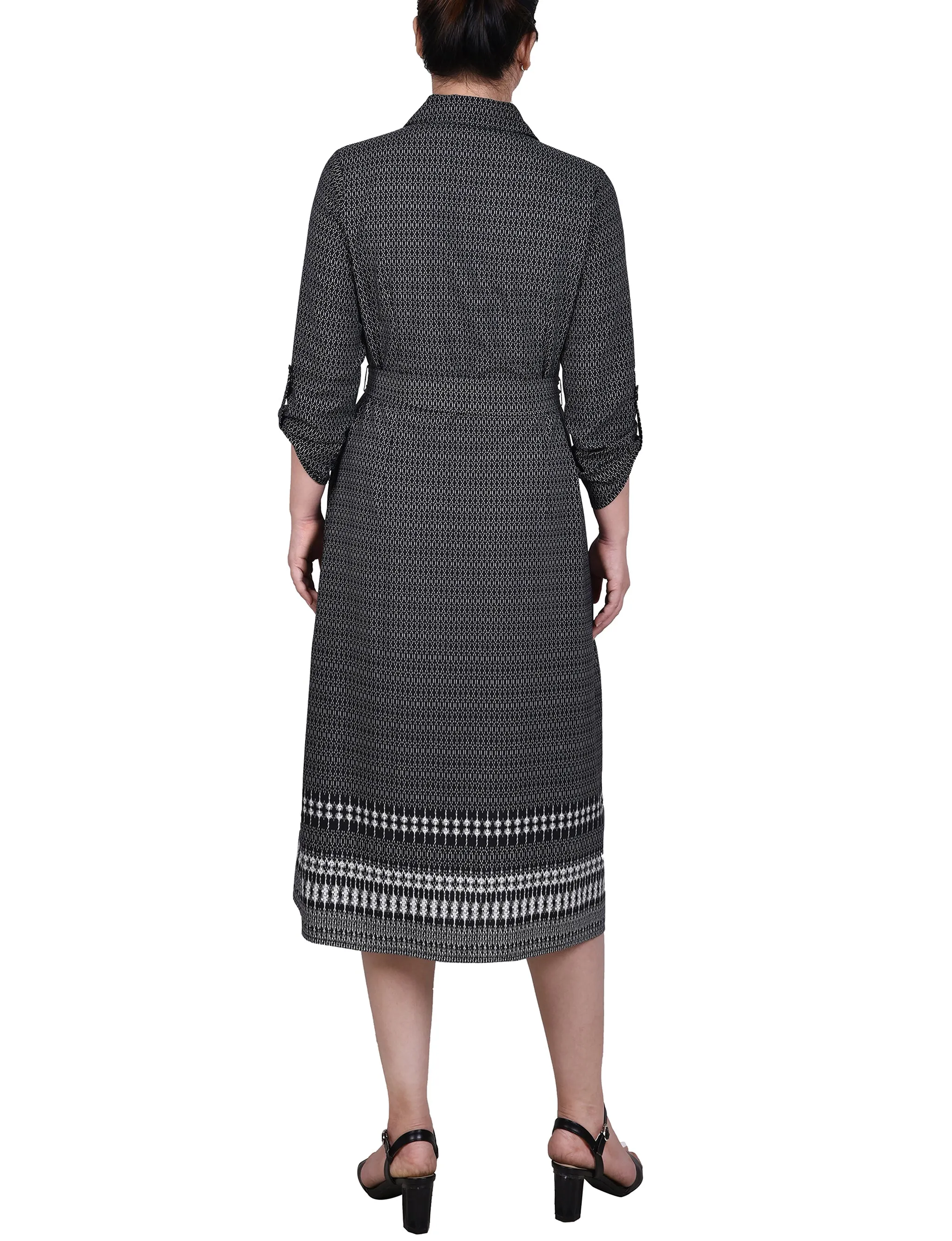 Petite 3/4 Roll Tab Sleeve Belted Shirtdress