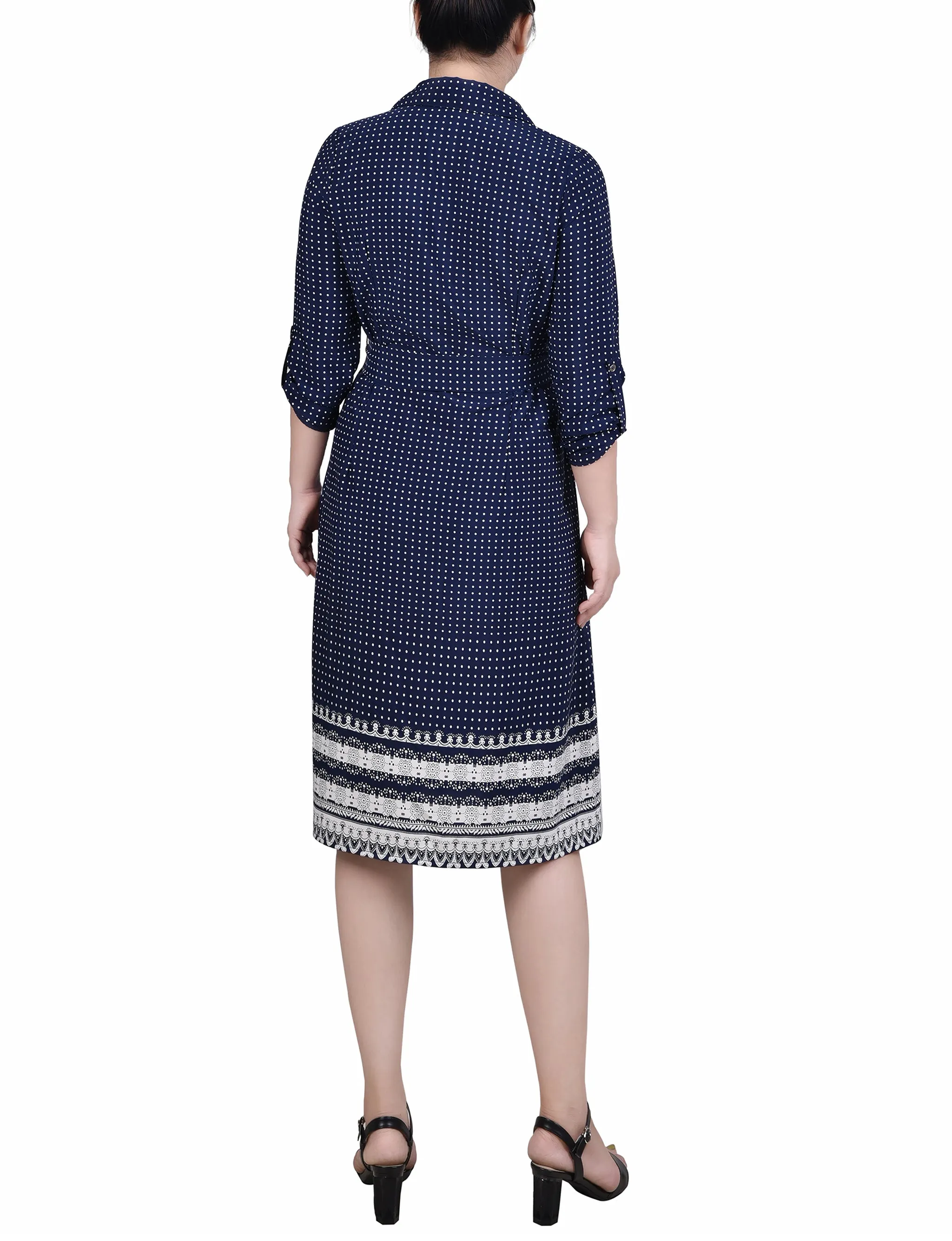 Petite 3/4 Roll Tab Sleeve Belted Shirtdress