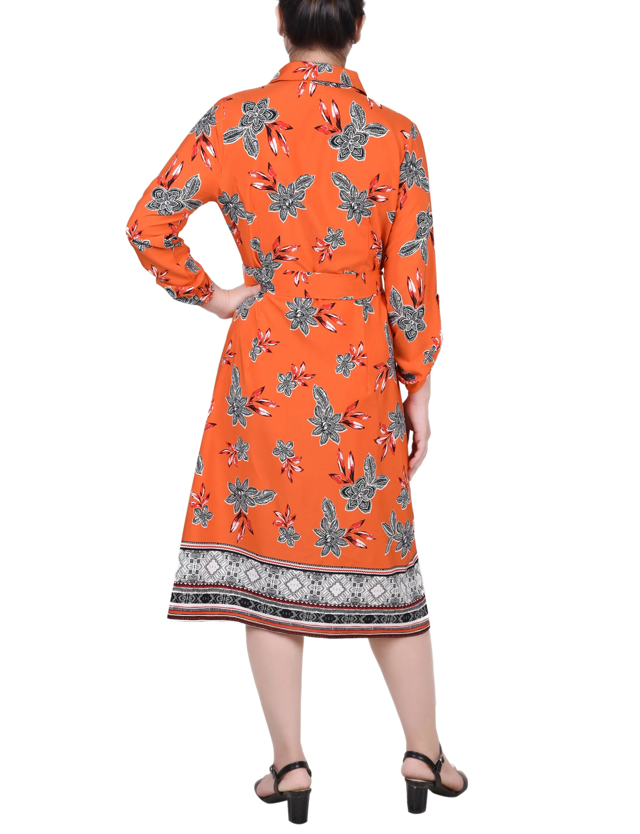 Petite 3/4 Roll Tab Sleeve Belted Shirtdress