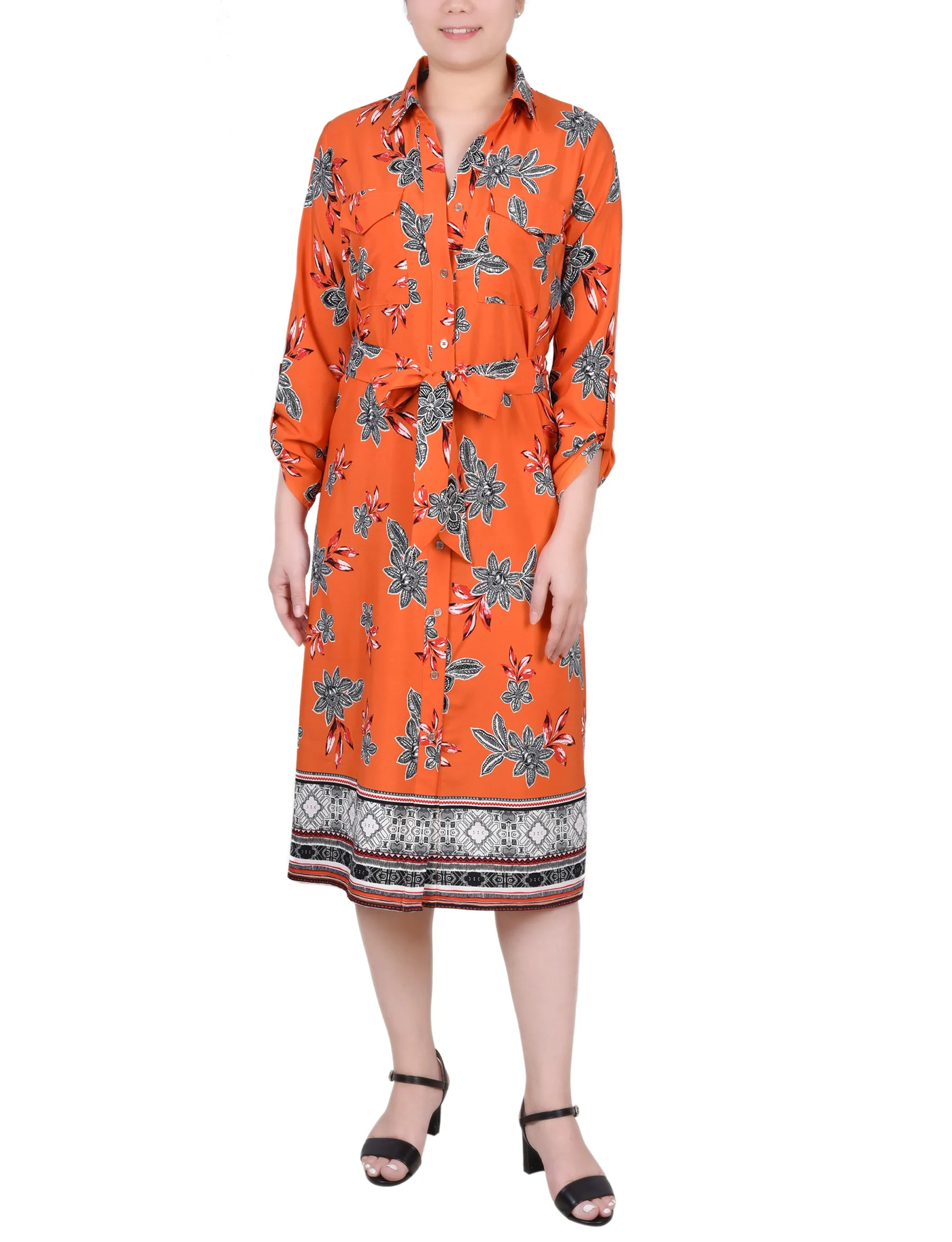 Petite 3/4 Roll Tab Sleeve Belted Shirtdress