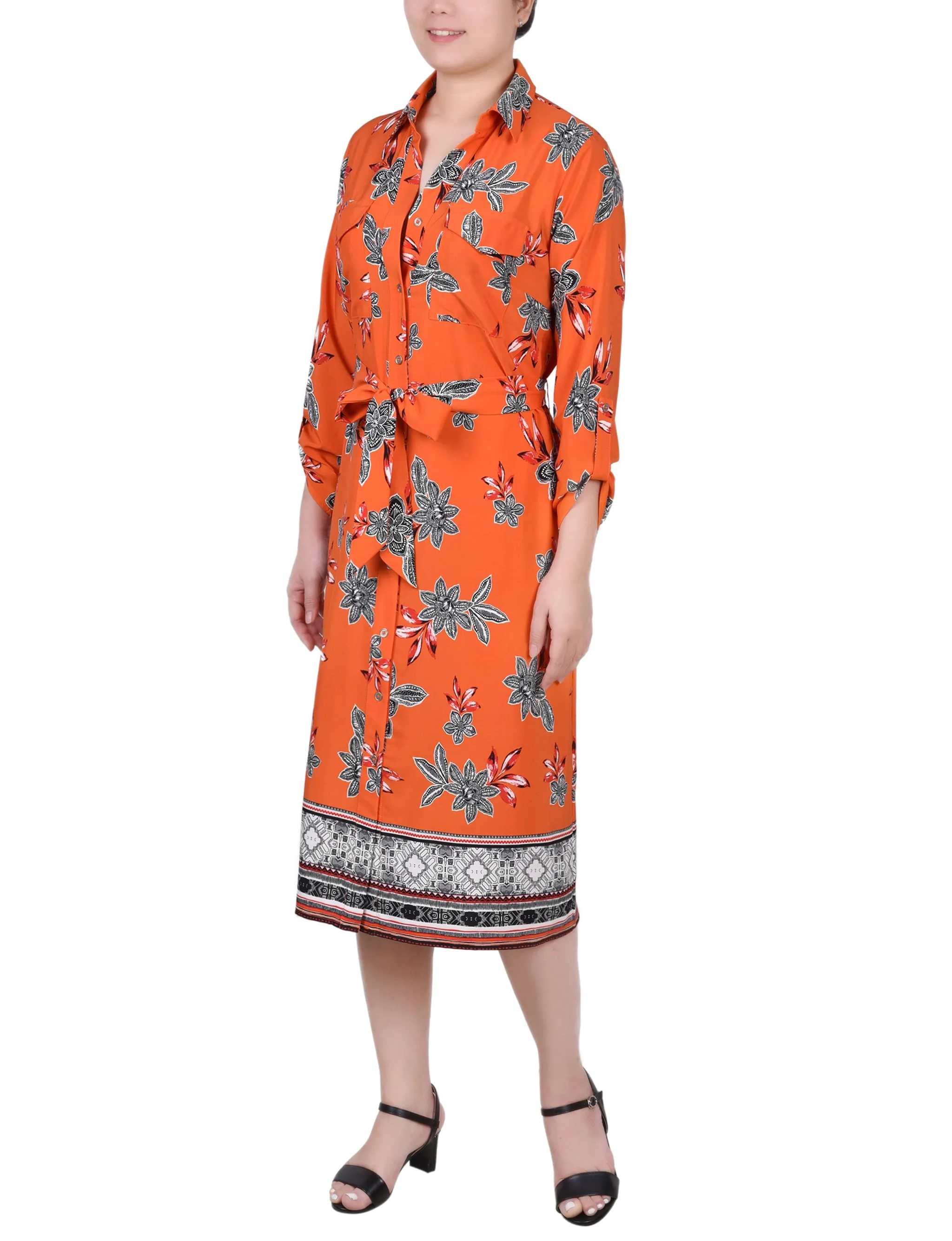 Petite 3/4 Roll Tab Sleeve Belted Shirtdress